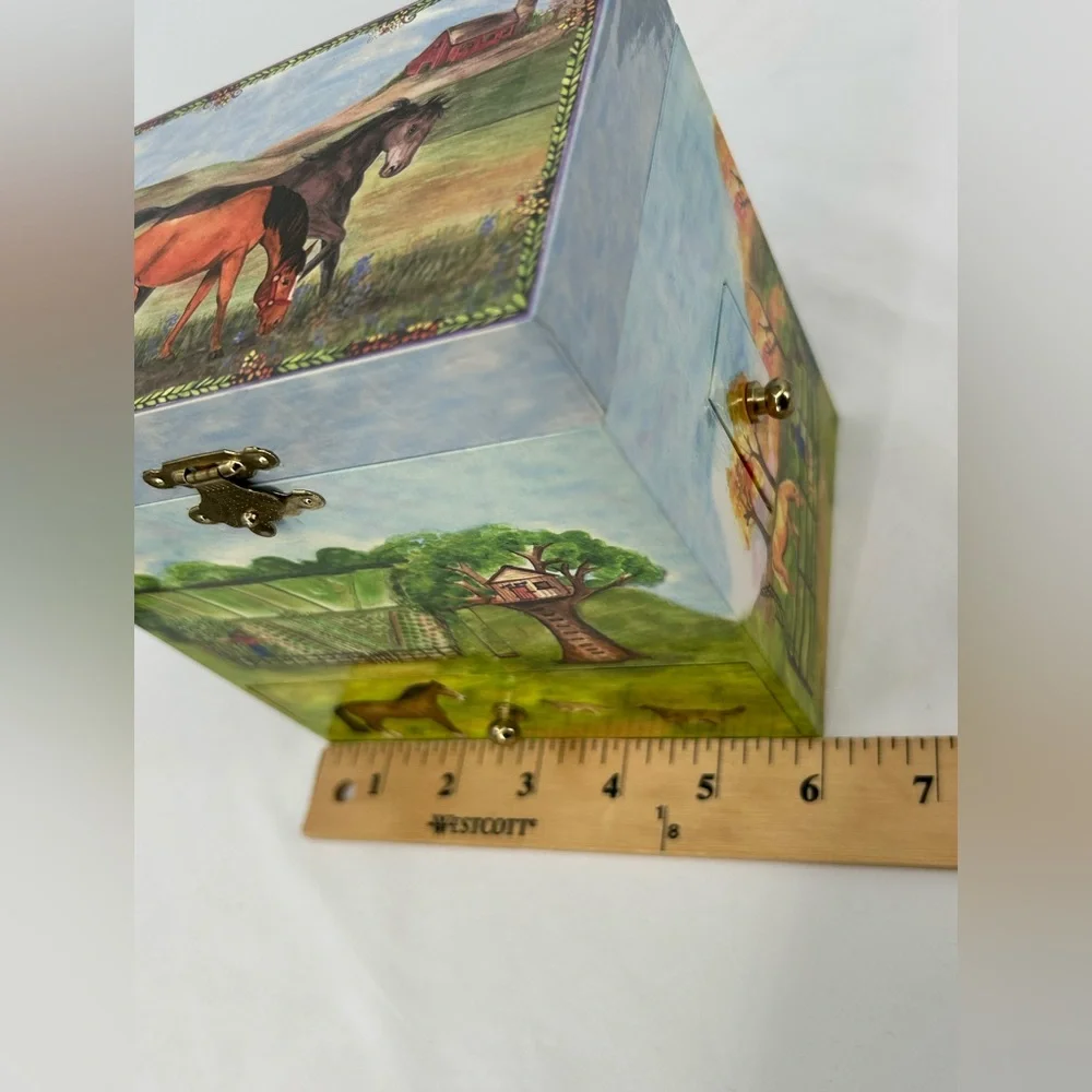 Jewelry Keepsake Music Box‎ Wind Up Music and Twirling Horse Lots of Drawers